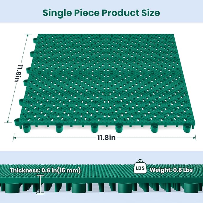 12-Pcs Interlocking Tile, Indoor/Outdoor Drainage Interlocking Floor Tiles 11.8" x 11.8", Anti-Slip Waterproof Soft PVC Splicing Flooring Tile for Garage Patio Pool Bathroom, Green