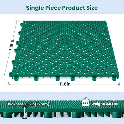 12-Pcs Interlocking Tile, Indoor/Outdoor Drainage Interlocking Floor Tiles 11.8" x 11.8", Anti-Slip Waterproof Soft PVC Splicing Flooring Tile for Garage Patio Pool Bathroom, Green