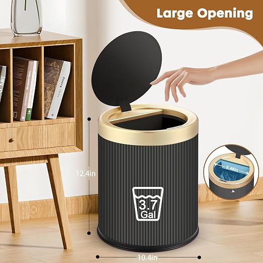Motion Sensor Trash Can with Lid,Touchless Sensor Bathroom Trashcan | 3.7 Gallon Dog Proof Smart Sensor Wastebasket,Diaper Trash Bin,Plastic Garbage Can for Bedroom,Office,Kitchen-Black and Gold