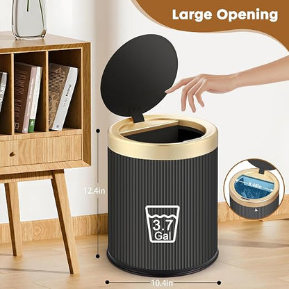 Motion Sensor Trash Can with Lid,Touchless Sensor Bathroom Trashcan | 3.7 Gallon Dog Proof Smart Sensor Wastebasket,Diaper Trash Bin,Plastic Garbage Can for Bedroom,Office,Kitchen-Black and Gold