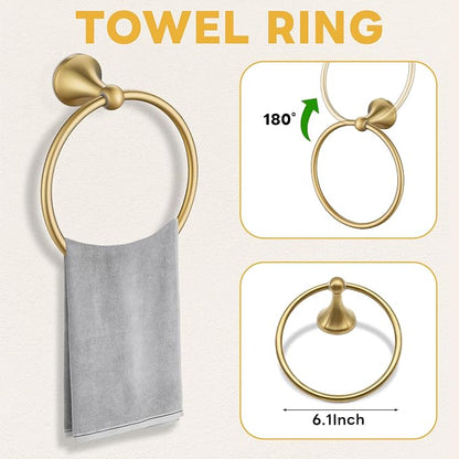 Brushed Gold Bathroom Hardware Set Wall Mounted Gold Accessories Set 4 Pieces Bathroom Hardware Set, 23.6 inch Towel Bar | Towel Hook | Toilet Paper Holder | Hand Towel Holder
