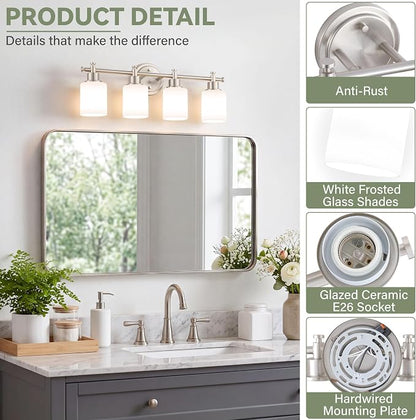 4 Light Bathroom Vanity Light Fixture Over Mirror, Brushed Nickel, 23'' | Vanity Lights for Bathroom, Bedroom, Living Room, White Frosted Glass Shades, Modern, E26(Bulbs Not Included)