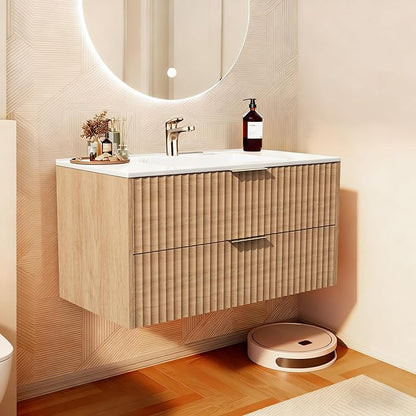 24 Inch Bathroom Vanity with Sink, Modern Floating Bathroom Vanity with Resin Sink, 2 Large Storage Darwers, Wood Grain Texture Wall Mounted Vanity, Gold Handles