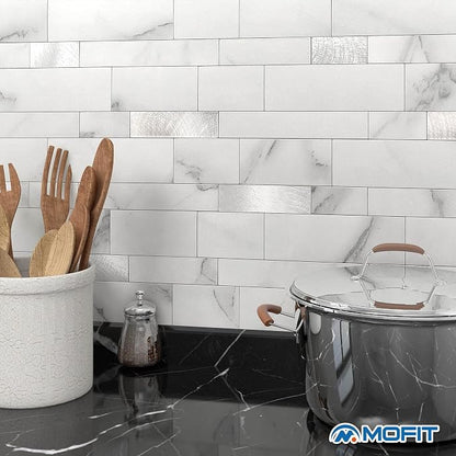 Stone Peel Stick Backsplash Tiles Kitchen Wall White Silver 10pcs