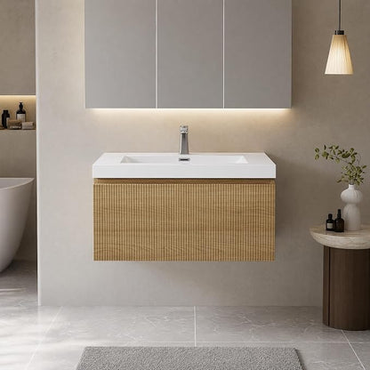 Floating Bathroom Vanity, 30" Wall Mounted Bathroom Cabinet with Glossy White Stone Resin Sink & U-Shaped Soft-Close Drawer, Pre-Assembled Striped Storage Vanity for Bathroom, Natural Wood