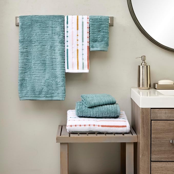 SKL Home CloudSoft/Modesto Stripe Bath Towel Set, 6-Piece, Teal/Multi | 2 Bath towels, 2 hand towels. 2 washcloths. 100% Cotton. 600 GSM. Soft & absorbent jacquard. Premium spa-level quality.