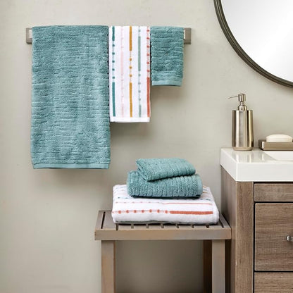 SKL Home CloudSoft/Modesto Stripe Bath Towel Set, 6-Piece, Teal/Multi | 2 Bath towels, 2 hand towels. 2 washcloths. 100% Cotton. 600 GSM. Soft & absorbent jacquard. Premium spa-level quality.