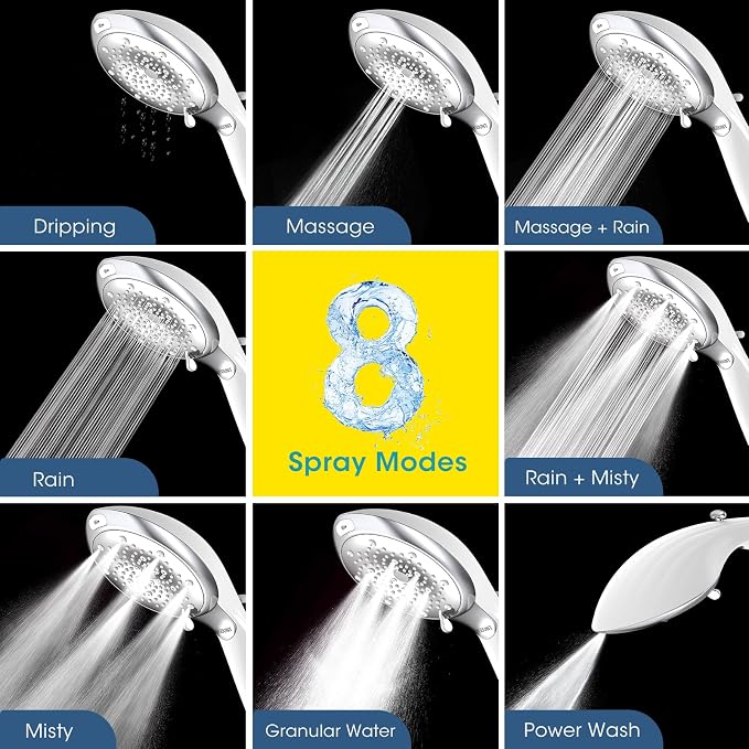 Filtered Shower Head with Handheld, 8 Spray Modes, Silver White | 80" Long Stainless Hose, Built-in Power Wash, Water Softener Filter Beads for Hard Water - Remove Chlorine, Reduce Dry Skin