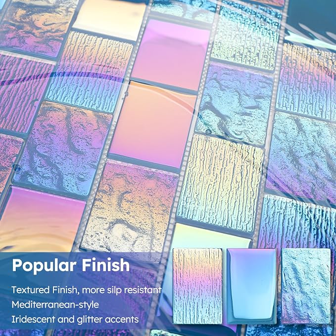 Pool Glass Mosaic Tiles, Iridescent Blue, 2x3 Inch Brick, 5 Sheets | Glass Tile for Swimming Pool, Kitchen Backsplash, Shower, Bathroom Wall, Waterline, Fountain