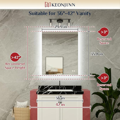 Keonjinn 30" x 36" LED Mirror for Bathroom, Tempered Glass Backlit Mirror | Dimmable 3 Color Lights, High Lumen, Anti-Fog, Secure French Cleat Installation, Hardwired/Plug in, Lighted Bathroom Mirror