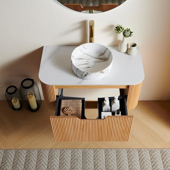 36" Bathroom Vanity with Sink, Plywood Cabinet, Nature Wood | Plywood Cabinet, Single Sink, Doubel Sink, Ceramic Basin & Marble Countertop, Pre-Assembled