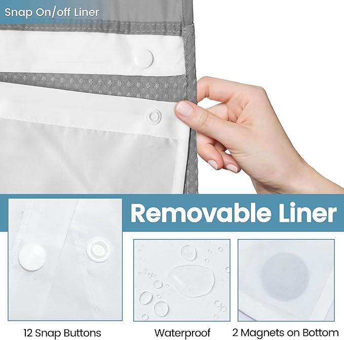EUTXL Heavyweight No Hook Shower Curtain with Liner, Grey, 48x74 | Snap in Liner, Thick Waffle Fabric, Hotel Quality, Corner Magnets, Waterproof & Washable