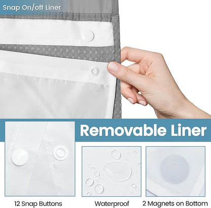 EUTXL Heavyweight No Hook Shower Curtain with Liner, Grey, 48x74 | Snap in Liner, Thick Waffle Fabric, Hotel Quality, Corner Magnets, Waterproof & Washable