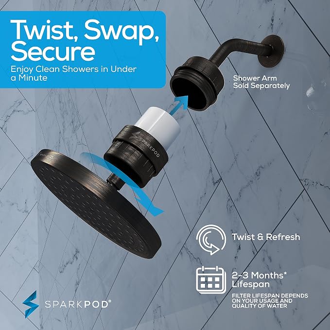SparkPod Filtered Shower Head, 23-Stage, 8" Round, Oil-Rubbed Bronze | Showerhead for Hard Water, High Pressure, Reduces Chlorine, Heavy Metals, For Dry Skin & Hair, Removable Capsule Filter