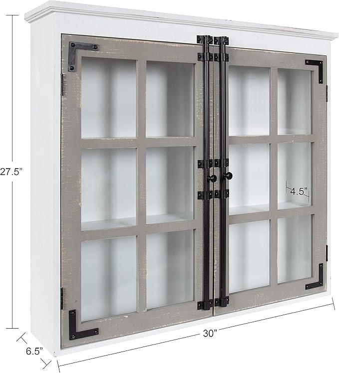 Kate and Laurel Hutchins Decorative Farmhouse Wood Wall Cabinet, 30 x 6.5 x 27.5, White and Gray, Wall Cabinet with Window Pane Glass Doors