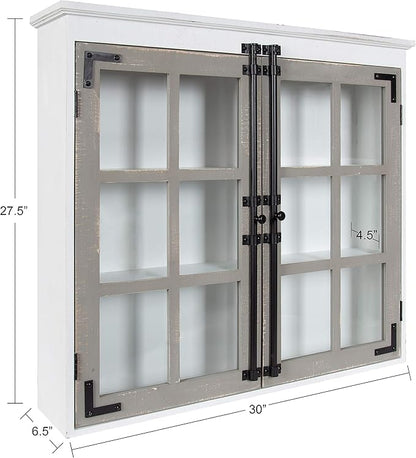 Kate and Laurel Hutchins Decorative Farmhouse Wood Wall Cabinet, 30 x 6.5 x 27.5, White and Gray, Wall Cabinet with Window Pane Glass Doors