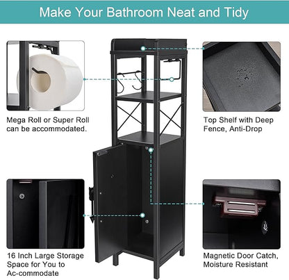 VECELO Small Bathroom Cabinet,Slim Toilet Paper Holder with Door&2 Shelves, Upgraded Narrow Storage Organizer for Restroom Bathroom Tiny Space,Metal Scroll Fenced Top Waterproof Coating,Black