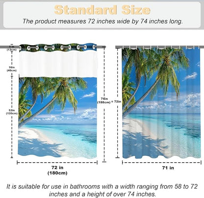 Ocean Summer Beach No Hook Shower Curtain Luxury Tropical Palm Tree Scenic | Nature No Hook Shower Curtain with Snap in Liner, Waterproof Ringless Shower Curtains for Bathroom 72x74 Inch Blue