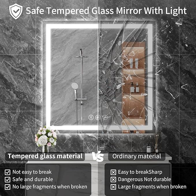 Koonmi 42x42 LED Bathroom Mirror with Light, Anti-Fog, 3 Colors | Backlit + Front Lit, Dimmable Brightness, Shatterproof HD Distortion-Free Tempered Glass, Hardware Included