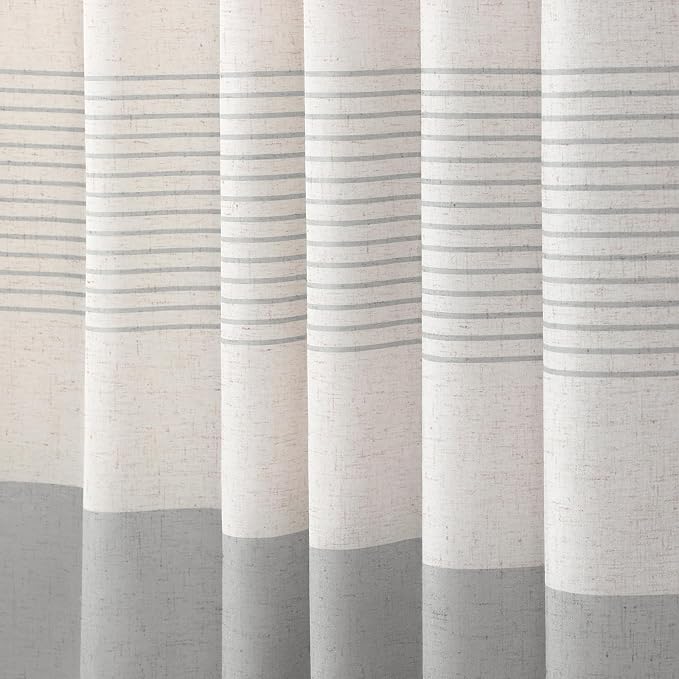 Grey Farmhouse Linen Striped Shower Curtain with Tassel 60"W X 72"L | Boho Farmhouse Shower Curtains with Linen Texture for Bathroom Decor