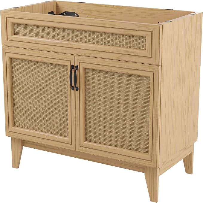 JONATHAN Y Javer Bohemian Rattan Freestanding Bath Vanity, 36", Oak | 18" Deep, 33" High, Double Soft-Close Doors, Caned Paneling, 2-Shelf Storage, Basin Not Included, Modern Farmhouse Style