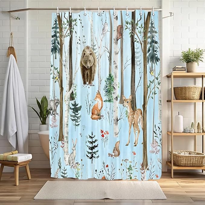 JAWO Rustic Forest Shower Curtains, Lodge Cabin Woodsy RV Shower Curtain, Wildlife Animals Woodland Campers Camping Bathroom Set with Hooks, 54x72 Inch, Blue