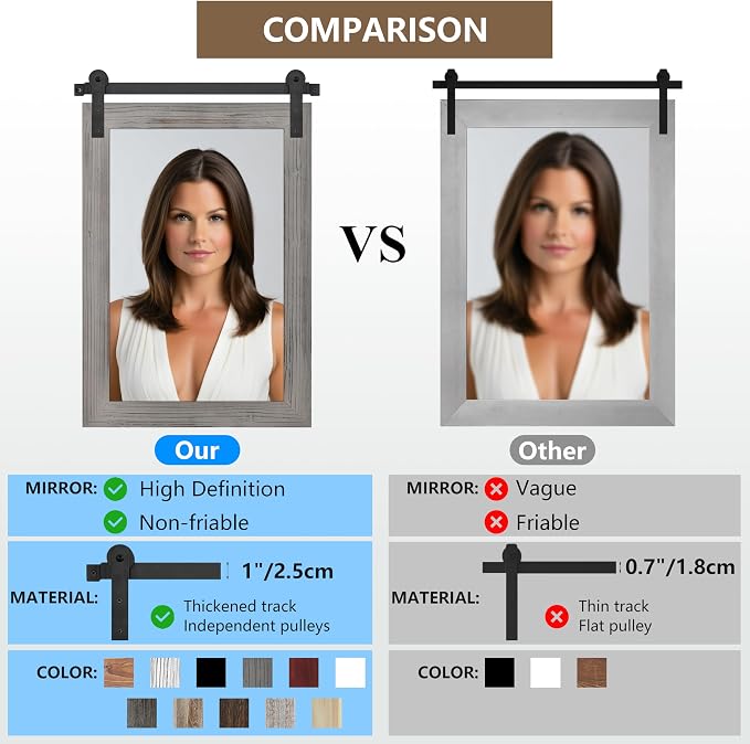 COGOOD Farmhouse Barn Door Mirror - 26 x 17 Grey | Rustic Wood Framed Vanity Mirror for Entryway, Living Room, Bedroom, Bathroom Wall Decor