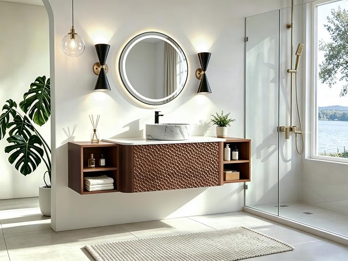 60 Inch Modern Bathroom Vanity with Ceramic Sink, Floating Bathroom Sink Cabinet with Sintered Stone Top&Solid Wood Hammered Frame, Single Bathroom Vanities w/Soft-Close Drawer&2 Side Open Cube