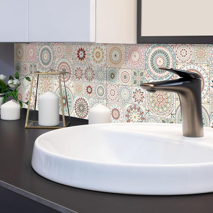 Easy Peel Stick Vinyl DIY wall Tile Decals Stick on backsplash,28pcs | 4,6,8in square tiles in 1 pack,waterproof tiles for kitchen RV laundry backsplash,remove no damage,pink mandala pattern