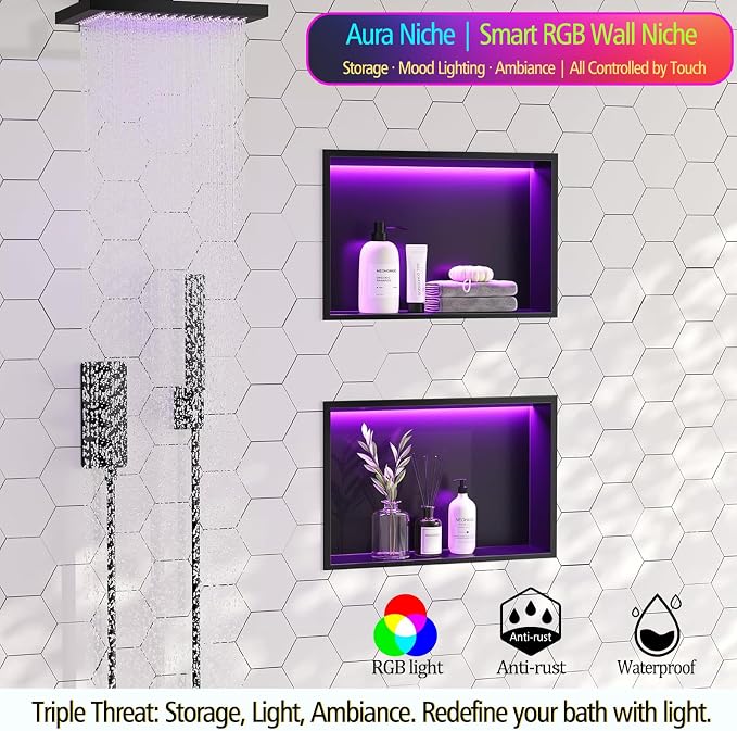 RGB LED Light Shower Niche, Matte Black 18X12 in Stainless Steel Recessed Storage with Remote Control, Waterproof No Tile Needed Wall Niche for Bathroom Storage Built-in Installation
