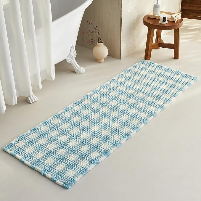 TYUU Waffle Runner Rug Bathroom, Long Cute Bath Mat, 72x24 Blue & White | Super Absorbent Quick Dry Bath Rug, Non-Slip Backing, Soft Waffle Washable Farmhouse Bathroom Mats, Tub, Shower & Home Decor