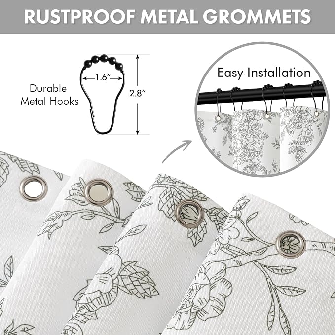 Grey Floral Shower Curtain W72*L72 Inches Long | Linen Textured Fabric, 12 Rustproof Metal Hooks, Wrinkle Resistant Cloth, Machine Washable, Bathroom Decor for Cottage Core