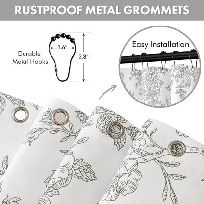 Grey Floral Shower Curtain W72*L72 Inches Long | Linen Textured Fabric, 12 Rustproof Metal Hooks, Wrinkle Resistant Cloth, Machine Washable, Bathroom Decor for Cottage Core