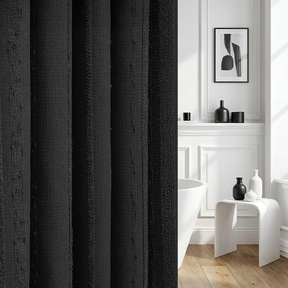 Extra Long Black Shower Curtain Boho, 72 x 78 Cotton Blend Waffle Weave Stripe Textured Heavy Duty, Fabric Shower Curtain for Bathroom