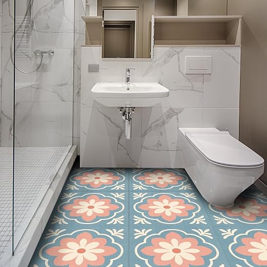 Retro Blue Pink Flower Peel and Stick Floor Tiles 12x12 Inch 10PCS | Retro blue pink cream flower tile pattern vinyl floor stickers for kitchen bathroom entryway and indoor home decor