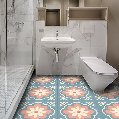 Retro Blue Pink Flower Peel and Stick Floor Tiles 12x12 Inch 10PCS | Retro blue pink cream flower tile pattern vinyl floor stickers for kitchen bathroom entryway and indoor home decor