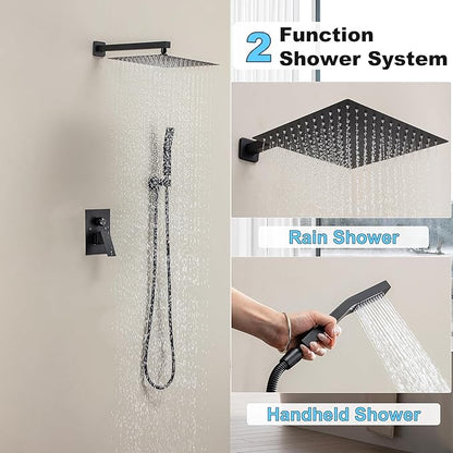 Shower Faucet Set, Shower System with 10 Inch Rain Showerhead and Handheld Shower, Wall Mounted High-Pressure Showerhead Combo Set Included Valve and Trim, Matte Black