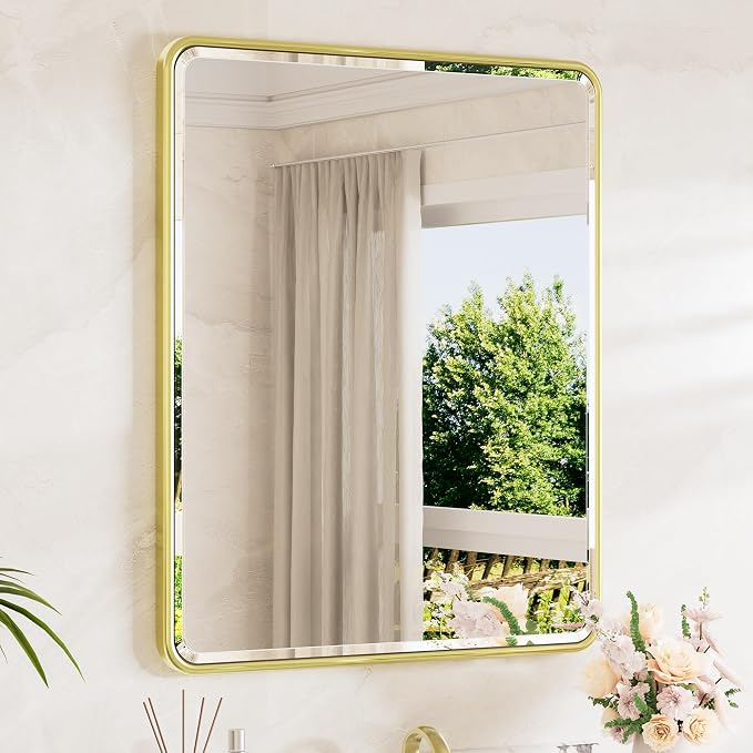 Brushed Gold Mirrors for Wall 30 x 36 Beveled Edge Tempered Glass, Rounded Corner Rectangle Framed Mirror for Modern Bathroom, Living Room, Bedroom, Entryway