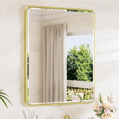Brushed Gold Mirrors for Wall 30 x 36 Beveled Edge Tempered Glass, Rounded Corner Rectangle Framed Mirror for Modern Bathroom, Living Room, Bedroom, Entryway