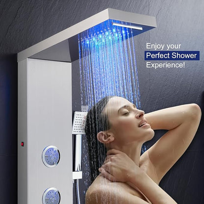 ROVATE 6-in-1 LED Rainfall Waterfall Shower Panel Tower System, Brushed | High Pressure Stainless Steel Shower Column with Tub Spout, 2-Setting Body Jets and Flexible Handheld, Water Flow Adjustable