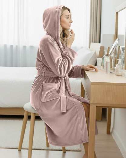 NY Threads Women's Fleece Hooded Bathrobe Plush Long Spa Robe, Medium