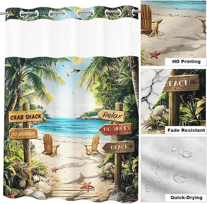 Summer Luxury Beach No Hook Shower Curtain Ocean Modern Coastal Palm Tree | Pretty Tropical No Hook Shower Curtain with Snap in Liner, Waterproof Ringless Shower Curtains for Bathroom 72x74 Inch Green