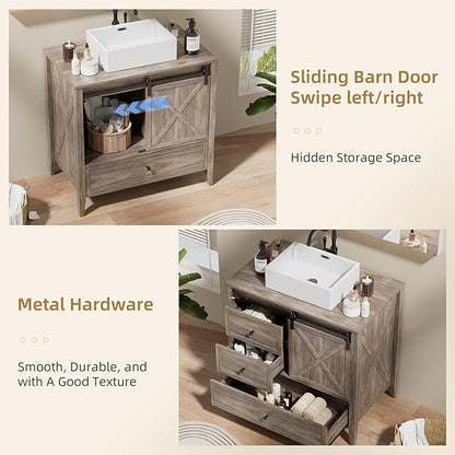VNN Bathroom Vanity with Sink - 36 Inch Bathroom Vanity with Sink Ceramic, Freestanding Cabinet with Farmhouse Sliding Barn Door and 3 Drawers, Space-Saving Storage Cabinet, Wood Grain Texture, Grey