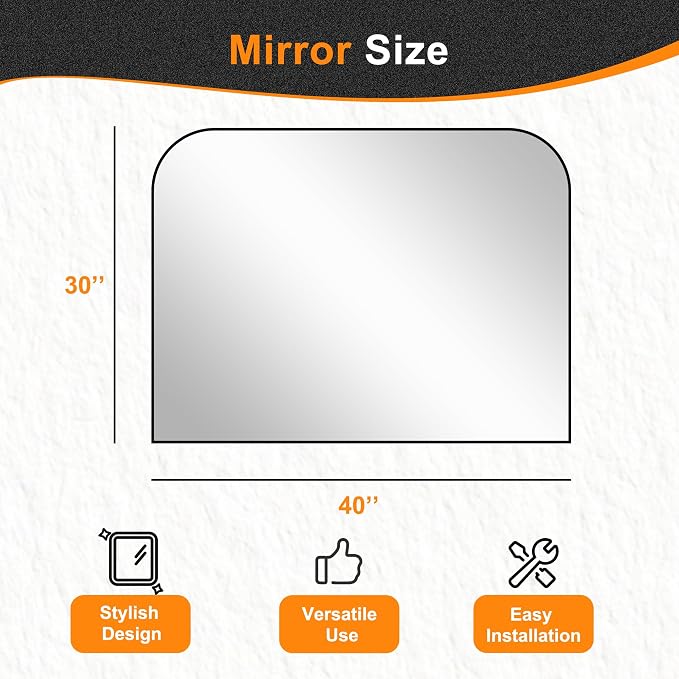 30"x40" Black Metal Framed Bathroom Mirror for Over Sink | Rounded rectangle shape. Shatterproof HD glass, all mounting hardware for bathroom, bedroom, entryway.