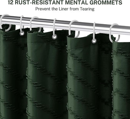 Boho Extra Long Dark Green Shower Curtain with Tassel, Woven Fabric Shower Curtain, Tufted Chevron Striped, 72 x 78, Modern Chic Textured Minimalist Bathroom Shower Curtains