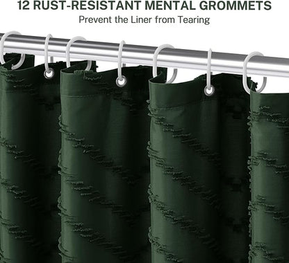 Siiluminisoy Boho Extra Long Dark Green Shower Curtain with Tassel, Woven Fabric Shower Curtain, Tufted Chevron Striped, 72 x 78, Modern Chic Textured Minimalist Bathroom Shower Curtains