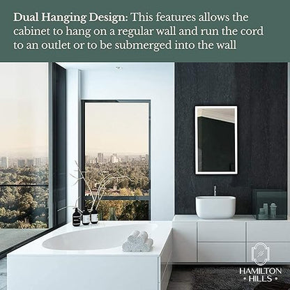 Hamilton Hills Bathroom Mirror with Storage - Wall Mounted Medicine Cabinet with 4 Glass Shelves and LED Backlighting - Modern Rectangular Organizer for Bathroom Décor 16 x 26 Inch - White