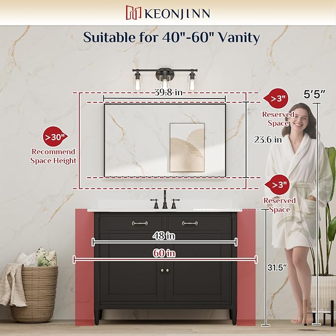 Keonjinn 40x24 Inch Gold Bathroom Mirror for Over Sink, Rectangular | HD Tempered Glass, Vanity Mirror, Brushed Framed, Square Corner, Modern Farmhouse, Wall Mounted Mirrors, Aluminum Alloy