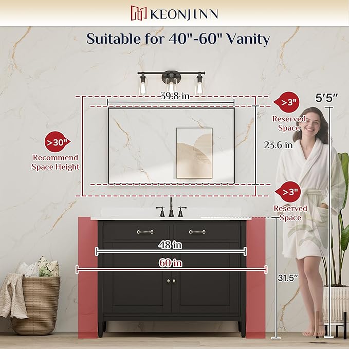 Keonjinn 40x24 Inch Nickel Bathroom Mirror for Over Sink, Rectangular | HD Tempered Glass, Vanity Mirror, Brushed Framed, Square Corner, Modern Farmhouse, Wall Mounted Mirrors, Aluminum Alloy