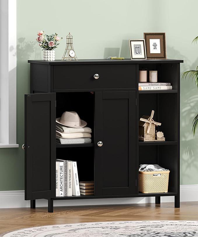 Black Bathroom Floor Cabinet with Large Drawer, Floor Storage Cabinet with Doors & Adjustable Shelves, Modern Storage Cupboard with 3 Open Shelves for Kitchen, Living Room, Entryway